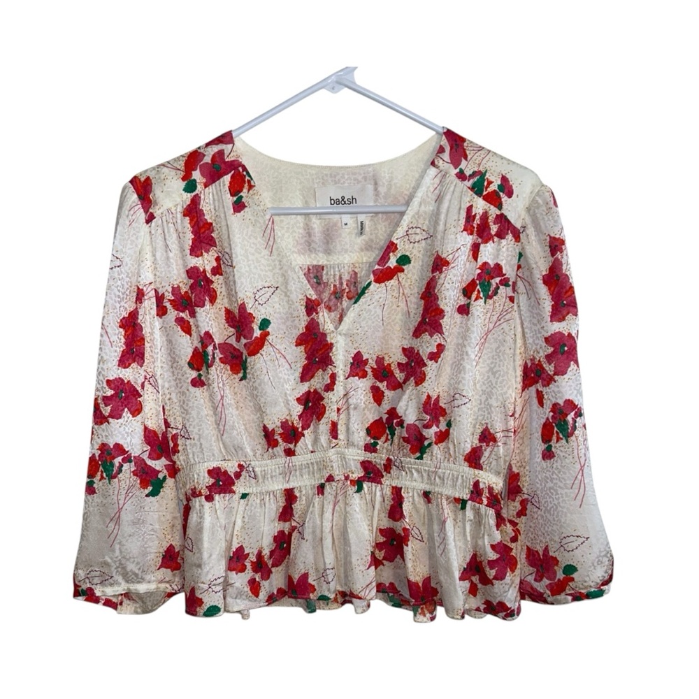 ba&sh Floral V-Neck Crop Ruffle Blouse - Pink and Cream Medium - Picture 2 of 5